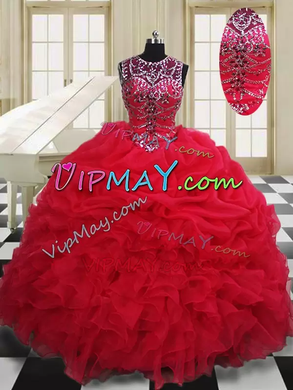 Popular Floor Length Red 15 Quinceanera Dress Organza Sleeveless Beading and Pick Ups