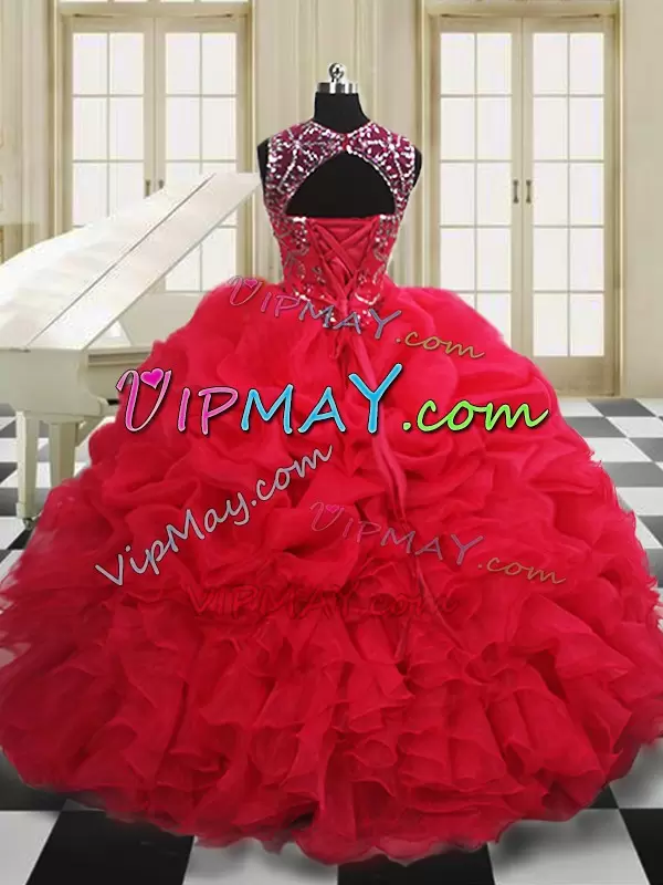 Popular Floor Length Red 15 Quinceanera Dress Organza Sleeveless Beading and Pick Ups