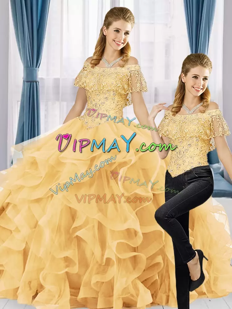 Noble Off The Shoulder Sleeveless Lace Up Quince Ball Gowns Gold Organza Beading and Ruffles