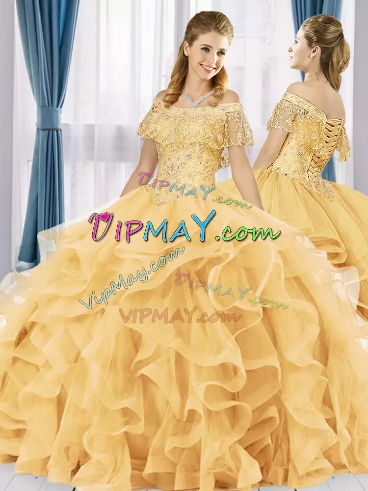 Noble Off The Shoulder Sleeveless Lace Up Quince Ball Gowns Gold Organza Beading and Ruffles