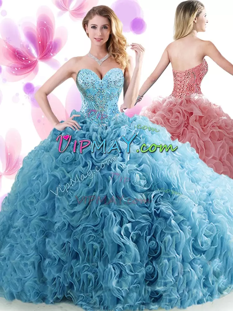 Blue Organza Lace Up Sweetheart Sleeveless Quinceanera Dress Brush Train Beading and Ruffles