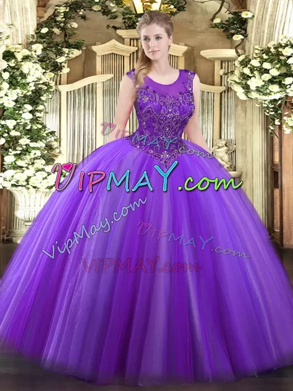 Graceful Tulle Scoop Sleeveless Zipper Beading Sweet 16 Dress in Eggplant Purple