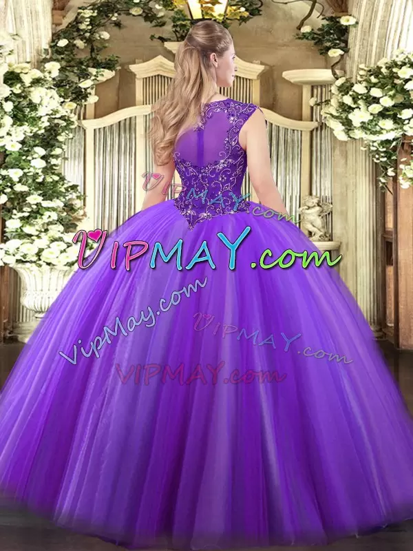 Graceful Tulle Scoop Sleeveless Zipper Beading Sweet 16 Dress in Eggplant Purple