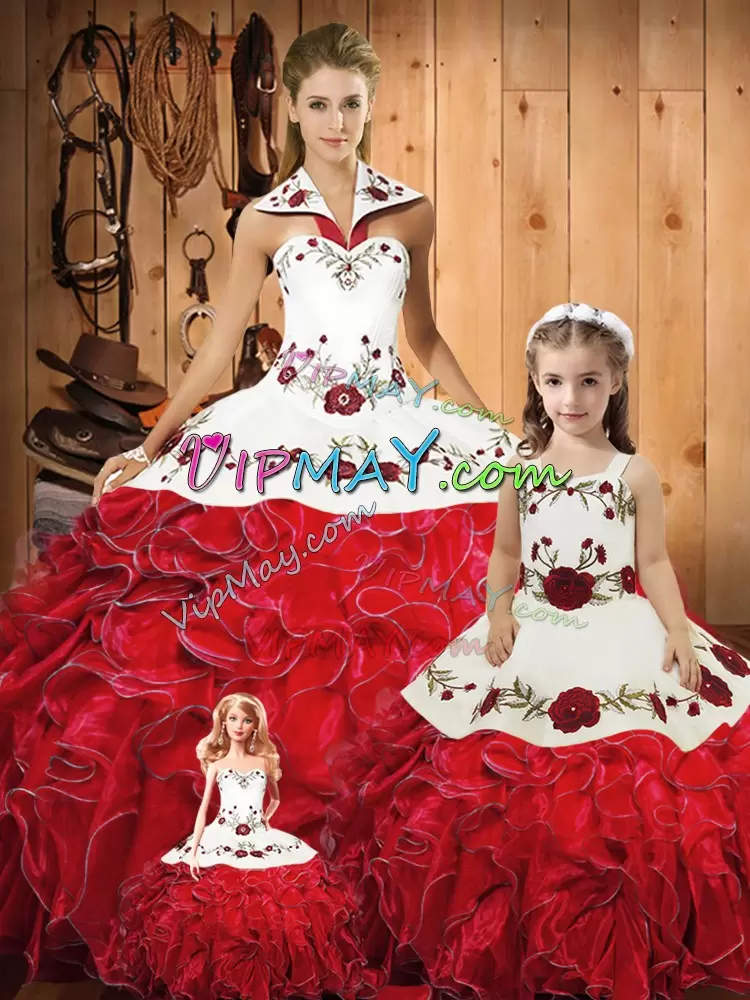 Red Lace Up 15th Birthday Dress Embroidery and Ruffles Sleeveless Floor Length