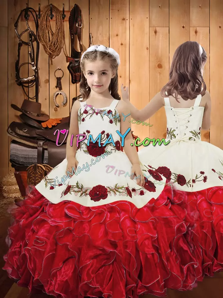 Red Lace Up 15th Birthday Dress Embroidery and Ruffles Sleeveless Floor Length