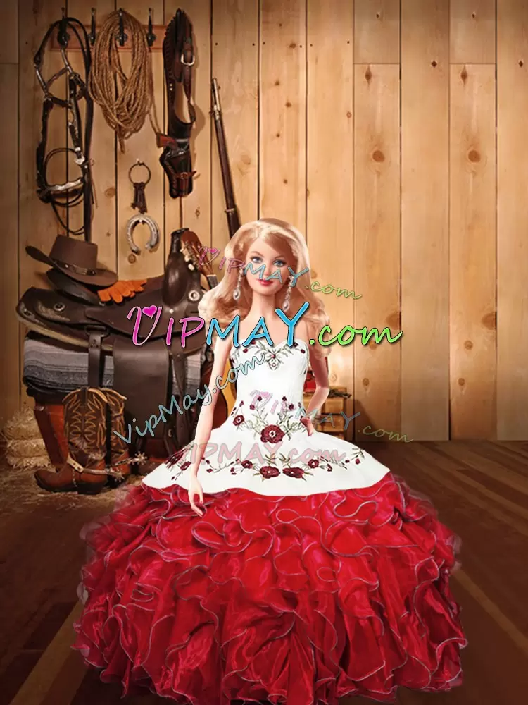 Red Lace Up 15th Birthday Dress Embroidery and Ruffles Sleeveless Floor Length