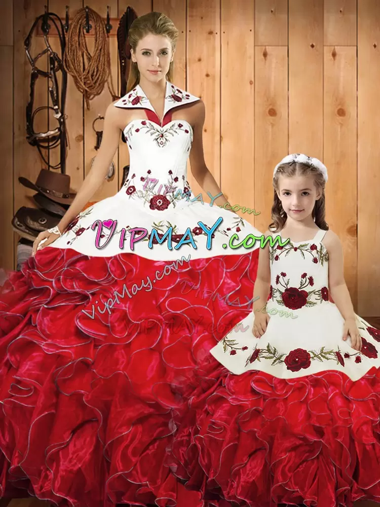 Red Lace Up 15th Birthday Dress Embroidery and Ruffles Sleeveless Floor Length