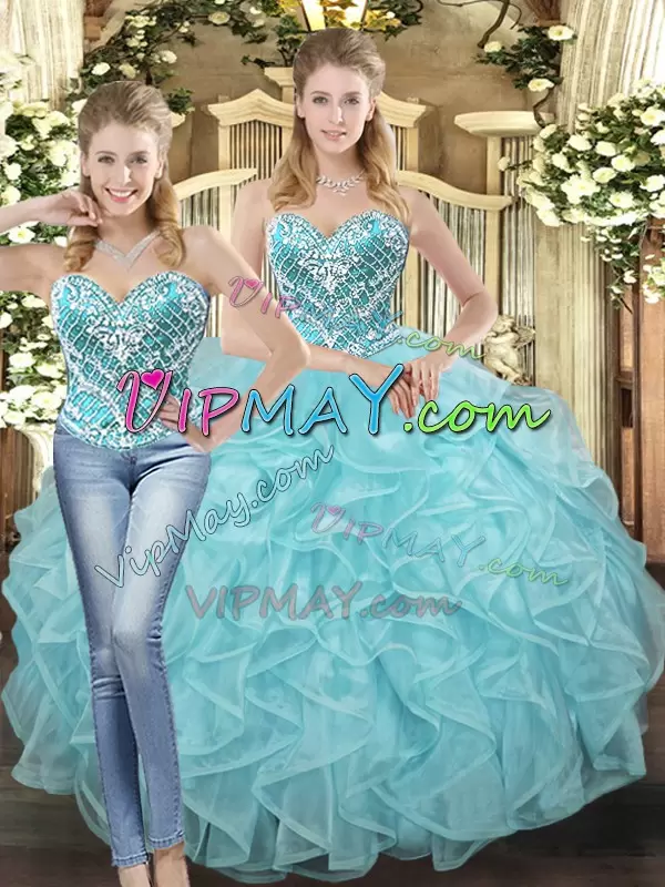 Top Selling Baby Blue Tulle Lace Up Sweet 16 Dress Sleeveless Floor Length Beading and Ruffles