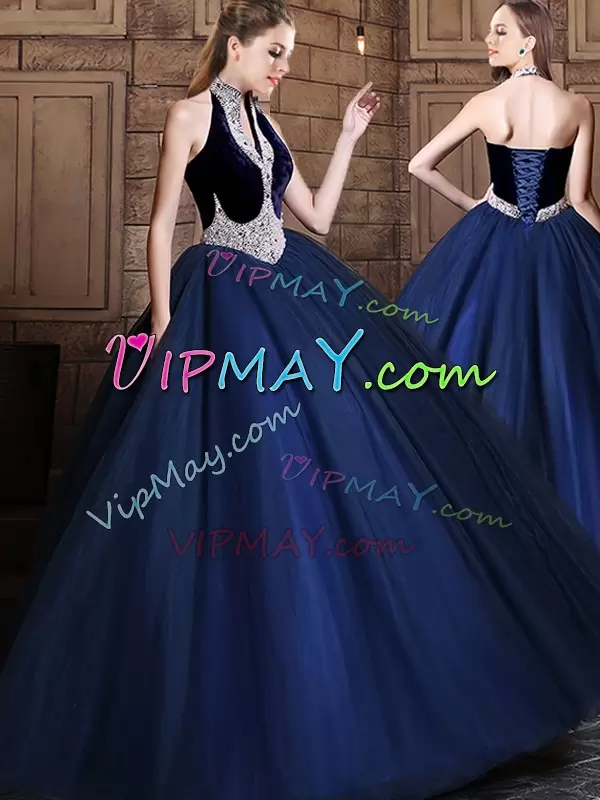 Ball Gowns Sweet 16 Dress Navy Blue Halter Top Tulle Sleeveless Floor Length Lace Up