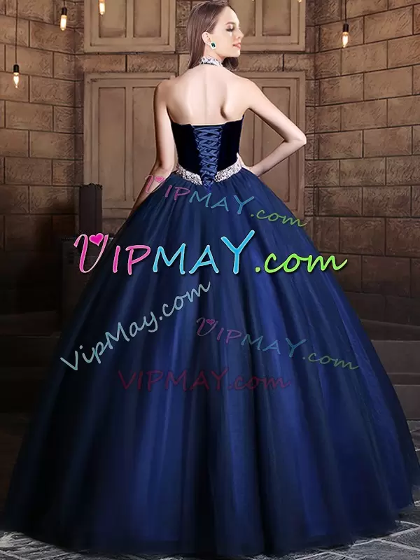 Ball Gowns Sweet 16 Dress Navy Blue Halter Top Tulle Sleeveless Floor Length Lace Up