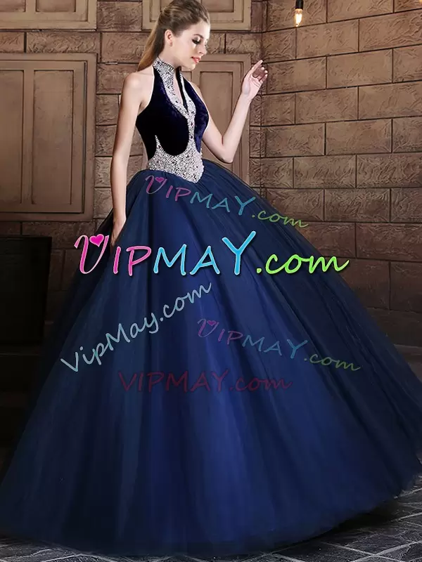 Ball Gowns Sweet 16 Dress Navy Blue Halter Top Tulle Sleeveless Floor Length Lace Up