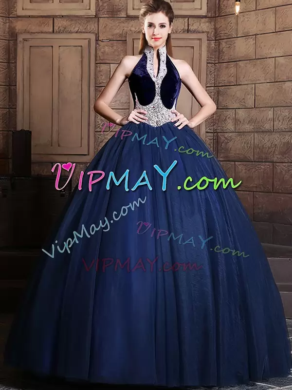 Ball Gowns Sweet 16 Dress Navy Blue Halter Top Tulle Sleeveless Floor Length Lace Up