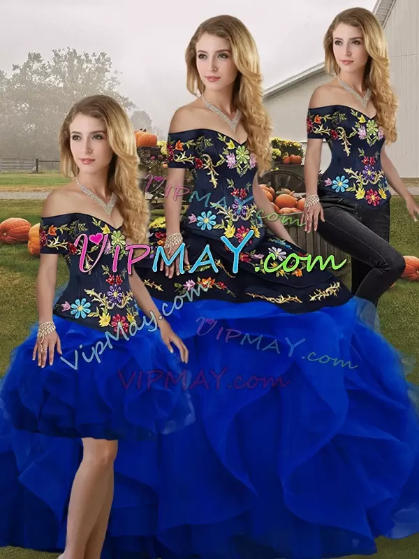 Fitting Floor Length Lace Up Vestidos de Quinceanera Royal Blue for Military Ball and Sweet 16 and Quinceanera with Embroidery and Ruffles