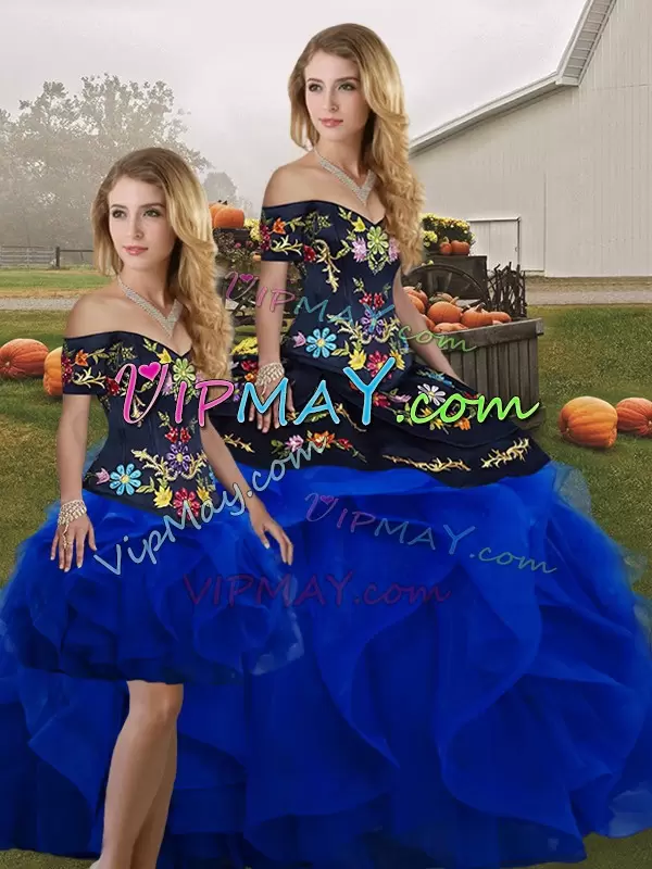 Fitting Floor Length Lace Up Vestidos de Quinceanera Royal Blue for Military Ball and Sweet 16 and Quinceanera with Embroidery and Ruffles