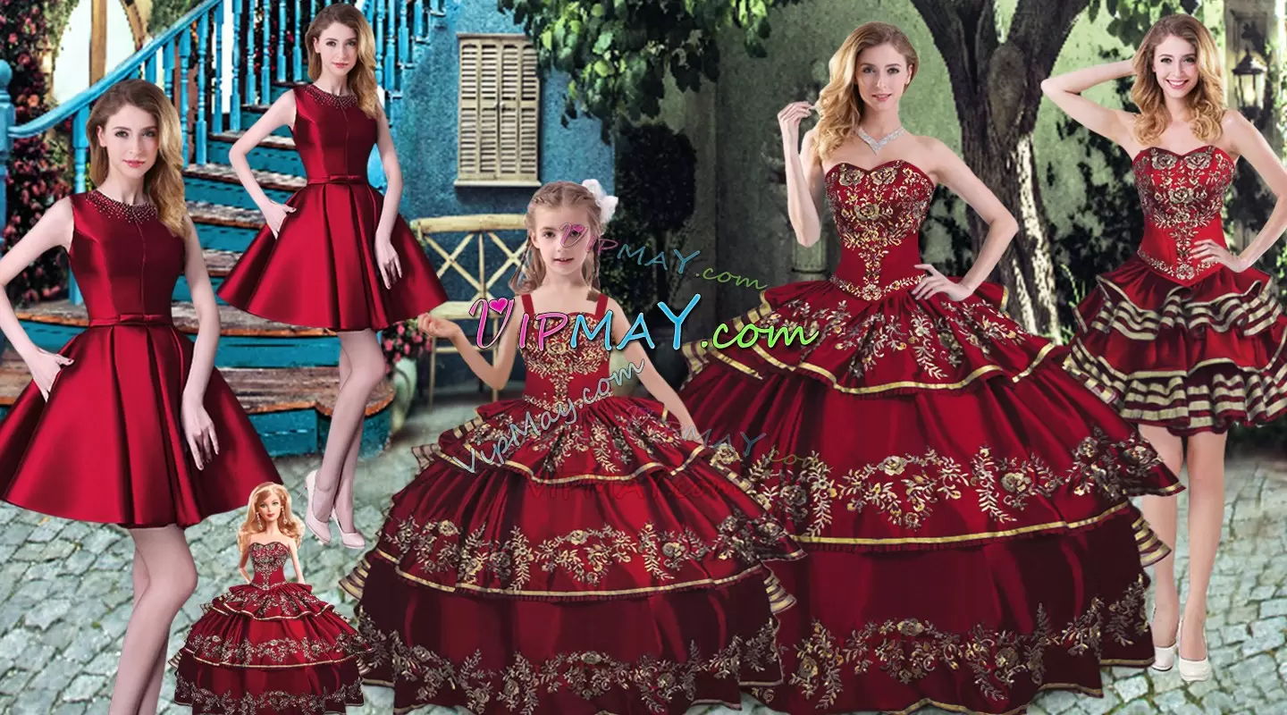 Fashion Wine Red Sweetheart Lace Up Embroidery and Ruffled Layers Vestidos de Quinceanera Sleeveless