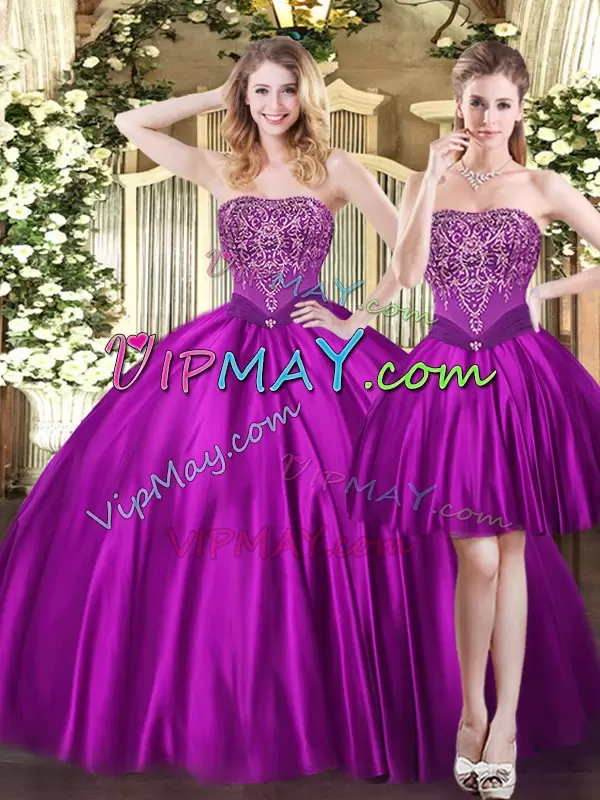 Beading Quinceanera Dress Purple Lace Up Sleeveless Floor Length