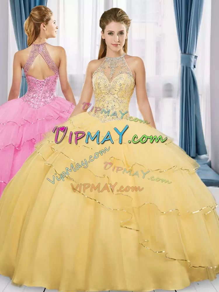 Attractive Gold Tulle Lace Up High-neck Sleeveless Floor Length Ball Gown Prom Dress Beading