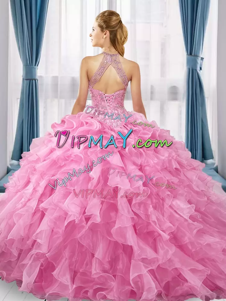 Sleeveless Floor Length Beading and Ruffles Lace Up 15th Birthday Dress with Gold