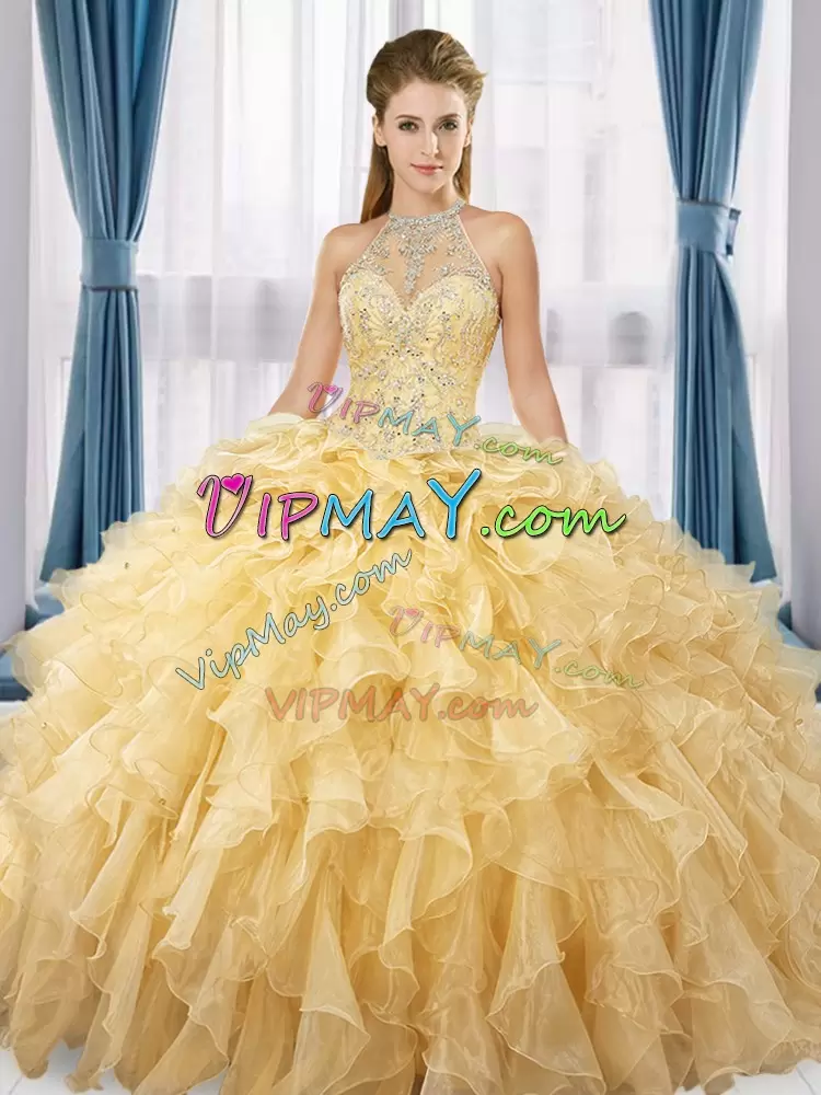 Sleeveless Floor Length Beading and Ruffles Lace Up 15th Birthday Dress with Gold