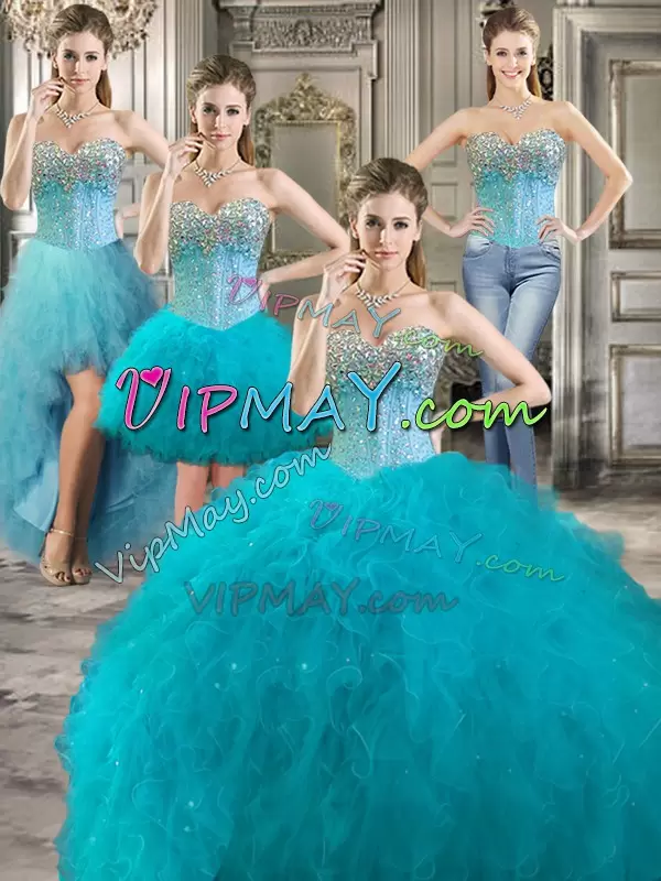 Suitable Floor Length Aqua Blue Sweet 16 Quinceanera Dress Tulle Sleeveless Beading and Ruffles