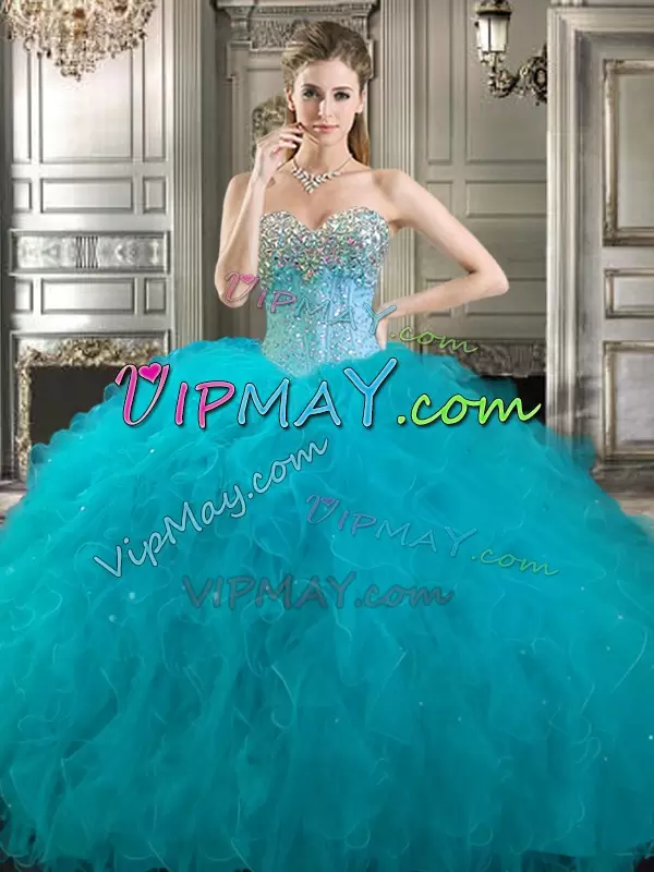 Suitable Floor Length Aqua Blue Sweet 16 Quinceanera Dress Tulle Sleeveless Beading and Ruffles