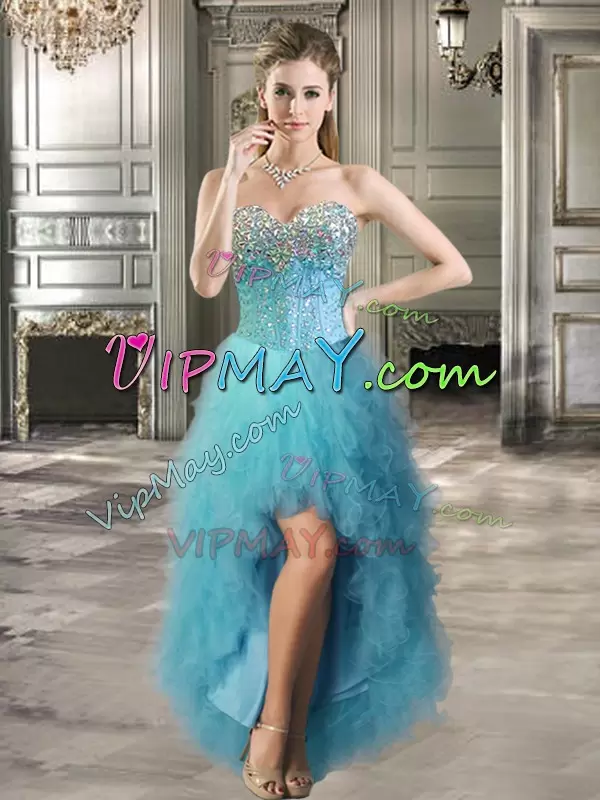 Suitable Floor Length Aqua Blue Sweet 16 Quinceanera Dress Tulle Sleeveless Beading and Ruffles