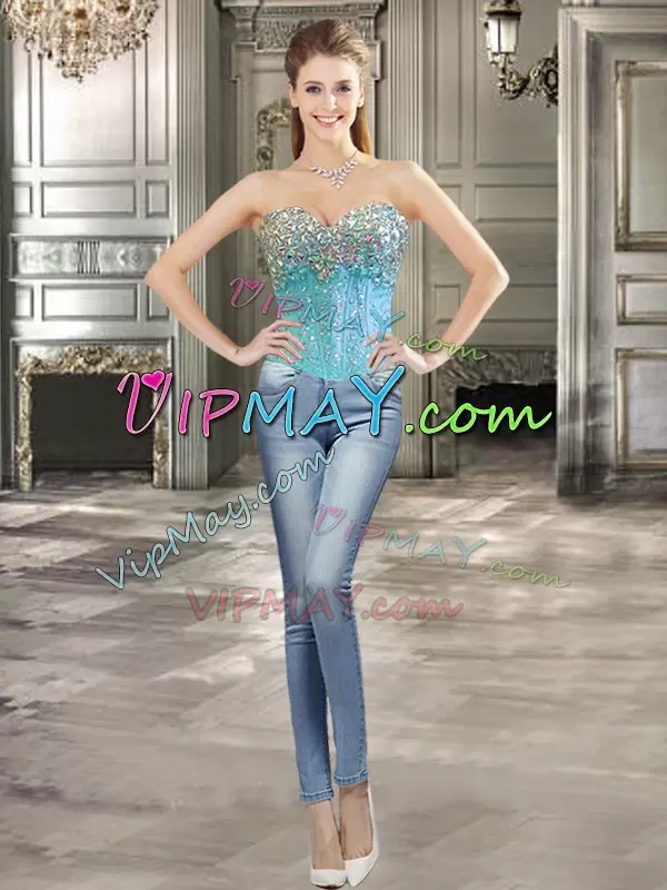 Suitable Floor Length Aqua Blue Sweet 16 Quinceanera Dress Tulle Sleeveless Beading and Ruffles