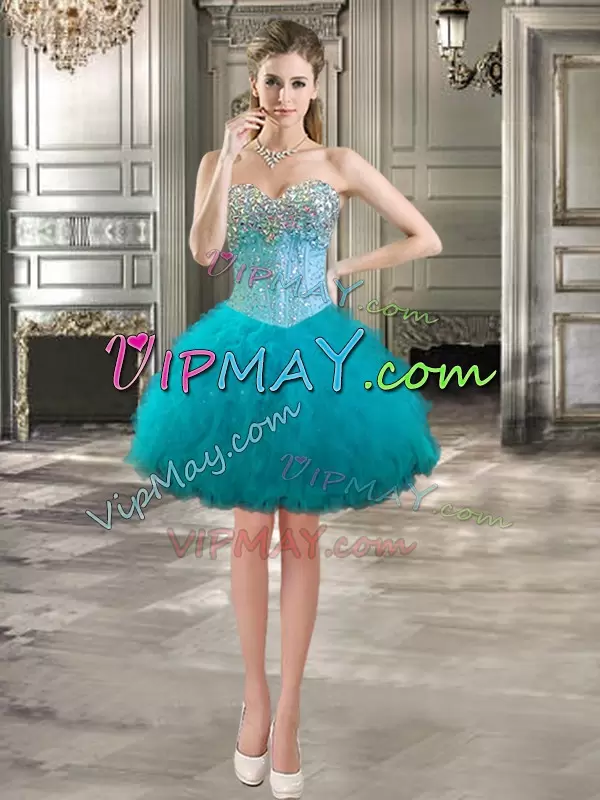 Suitable Floor Length Aqua Blue Sweet 16 Quinceanera Dress Tulle Sleeveless Beading and Ruffles