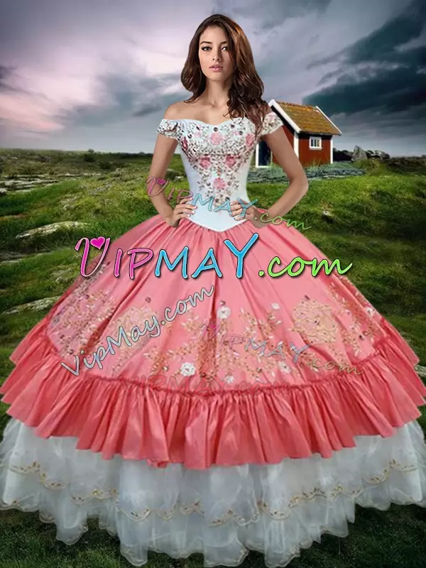 Puffy Skirt Watermelon Red Quinceanera Gown Off The Shoulder Sleeveless Lace Up