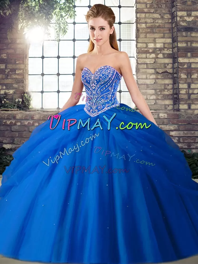 Sweetheart Sleeveless Sweet 16 Dresses Brush Train Beading and Pick Ups Blue Tulle