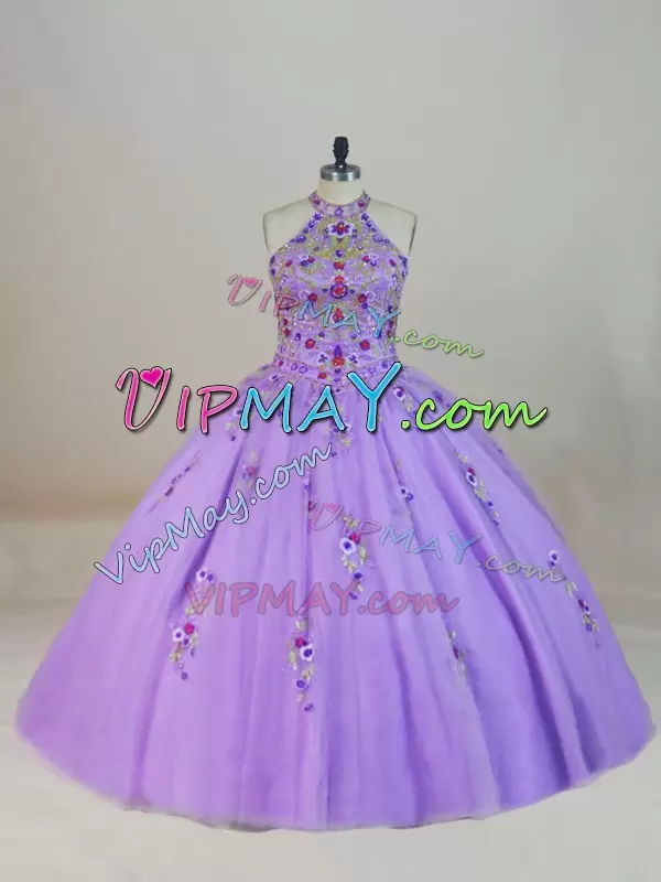 Tulle Halter Top Sleeveless Brush Train Lace Up Beading and Embroidery Quinceanera Gown in Lavender