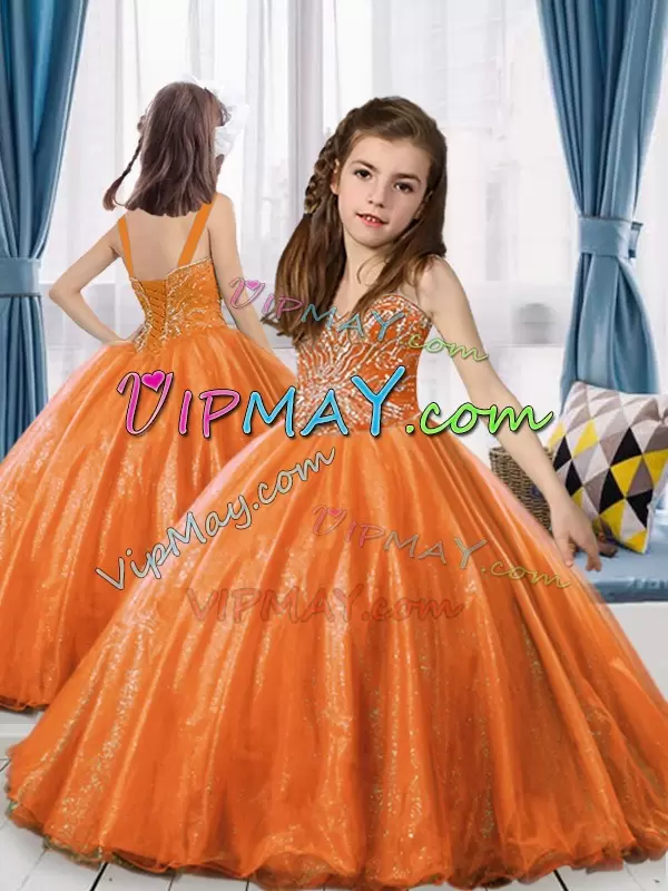 Orange Red Tulle Lace Up Sweetheart Sleeveless Floor Length Quinceanera Dresses Beading