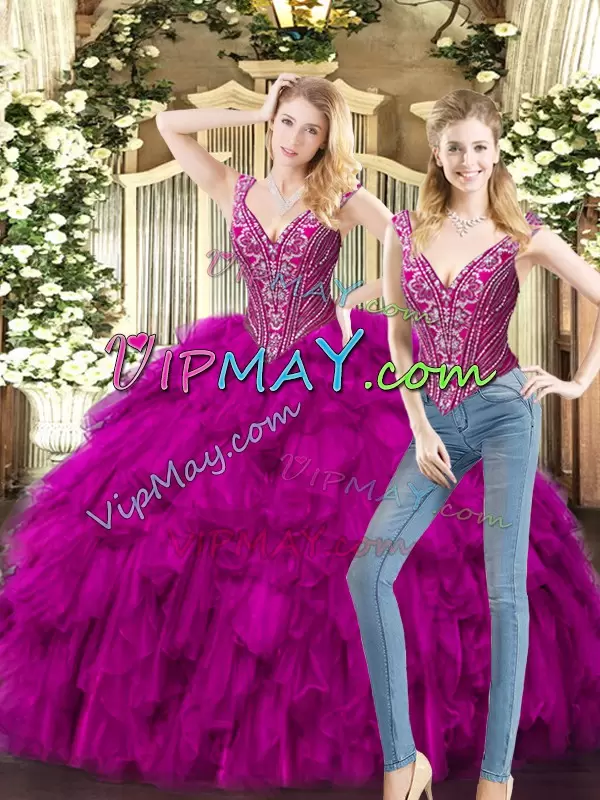 Ideal Floor Length Lace Up Quince Ball Gowns Fuchsia for Military Ball and Sweet 16 and Quinceanera with Beading and Ruffles