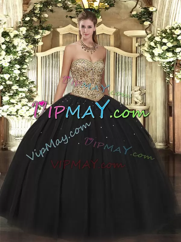 Superior Floor Length Black Ball Gown Prom Dress Tulle Sleeveless Beading