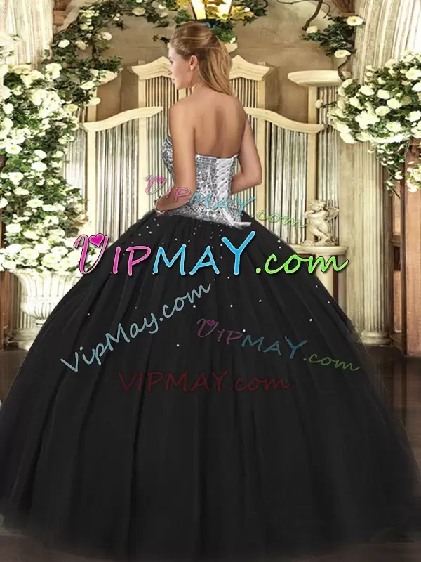 Superior Floor Length Black Ball Gown Prom Dress Tulle Sleeveless Beading