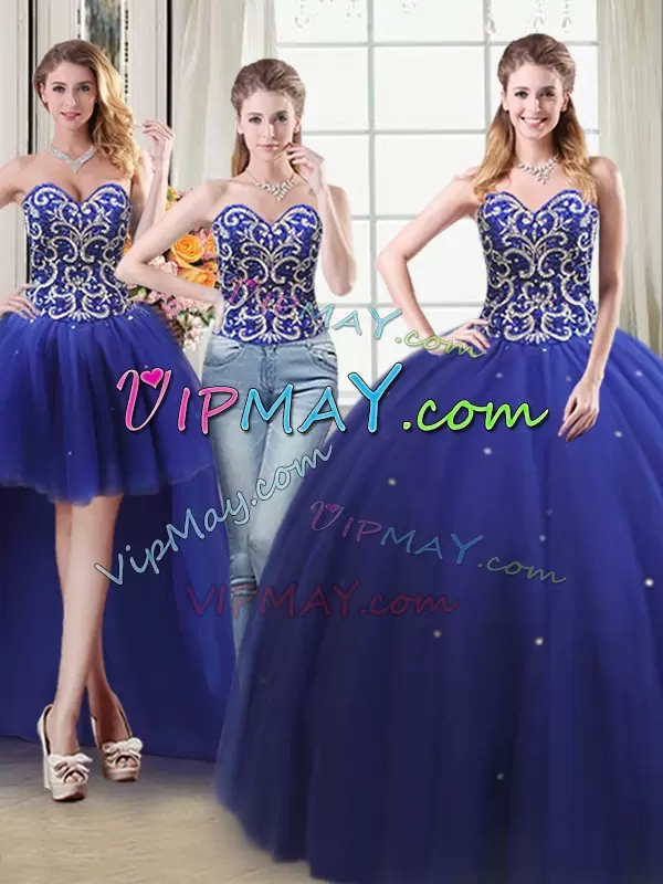 Glamorous Floor Length Lace Up 15th Birthday Dress Royal Blue for Military Ball and Sweet 16 and Quinceanera with Beading