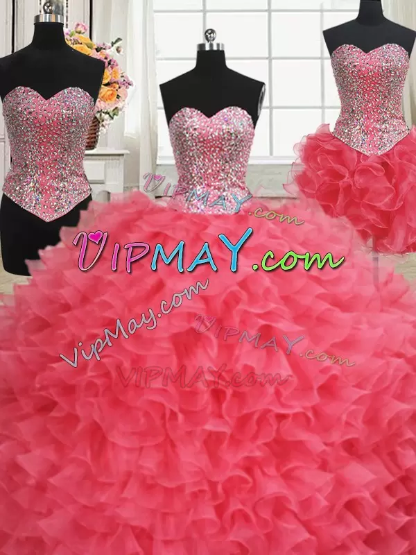 Discount Organza Sweetheart Sleeveless Lace Up Beading and Ruffles Sweet 16 Dress in Coral Red