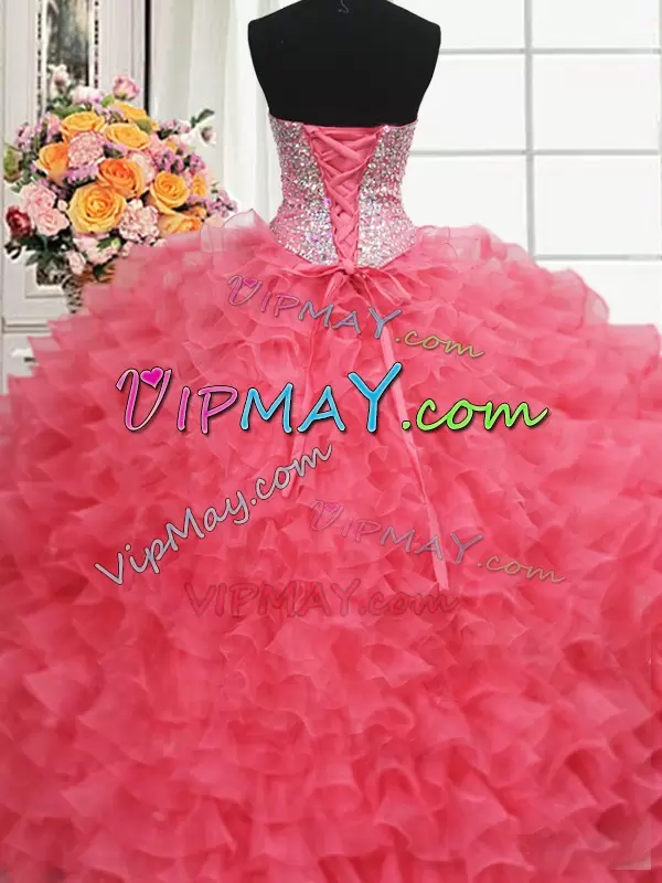 Discount Organza Sweetheart Sleeveless Lace Up Beading and Ruffles Sweet 16 Dress in Coral Red