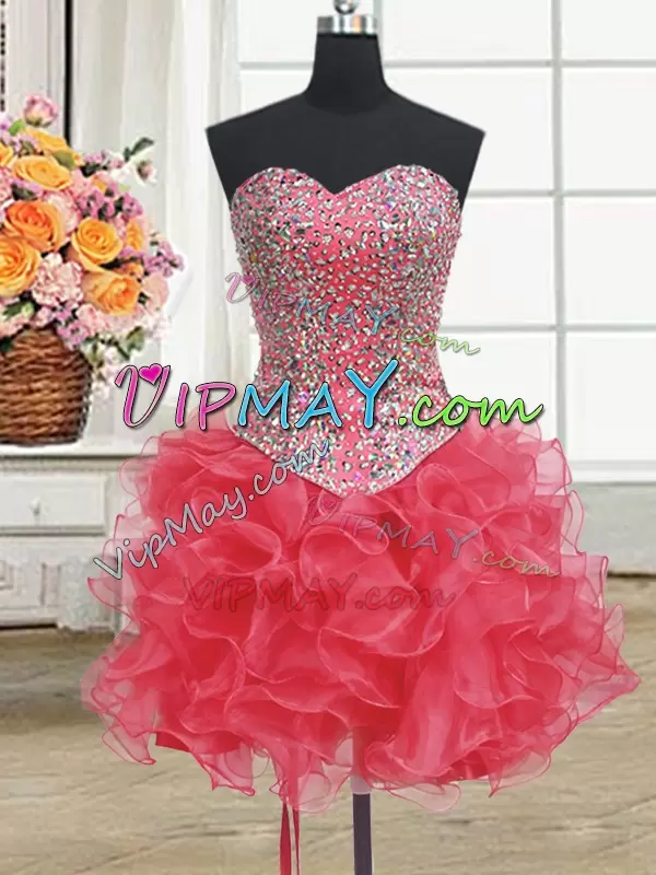 Discount Organza Sweetheart Sleeveless Lace Up Beading and Ruffles Sweet 16 Dress in Coral Red