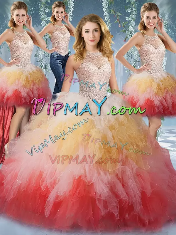 Amazing Multi-color Ball Gowns Halter Top Sleeveless Tulle Floor Length Lace Up Beading and Ruffles 15th Birthday Dress