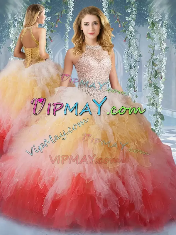 Amazing Multi-color Ball Gowns Halter Top Sleeveless Tulle Floor Length Lace Up Beading and Ruffles 15th Birthday Dress