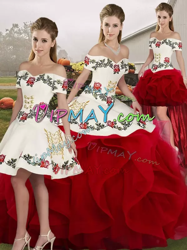 four pieces quinceanera dress,off shoulder quinceanera dress,short sleeves quinceanera dress,embroidered bridal gown,embroidered quinceanera dress,ruffled skirt quinceanera dress,quinceanera dress with detachable skirt,unique vintage quinceanera dress,