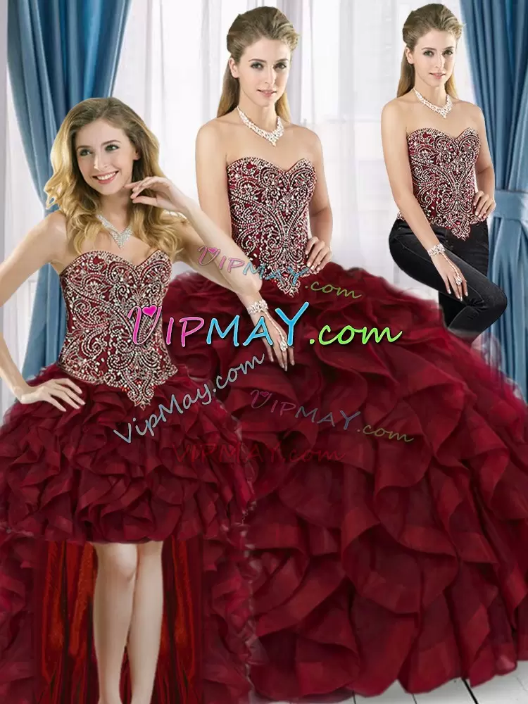 Burgundy Sweetheart Neckline Beading Vestidos de Quinceanera Sleeveless Lace Up