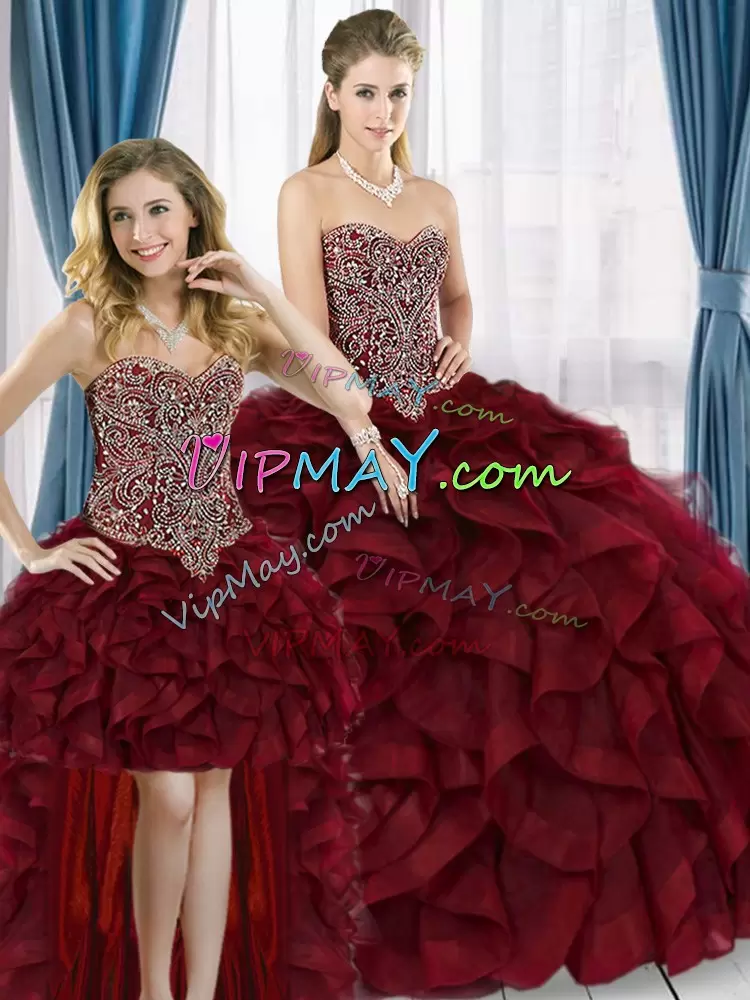 Burgundy Sweetheart Neckline Beading Vestidos de Quinceanera Sleeveless Lace Up