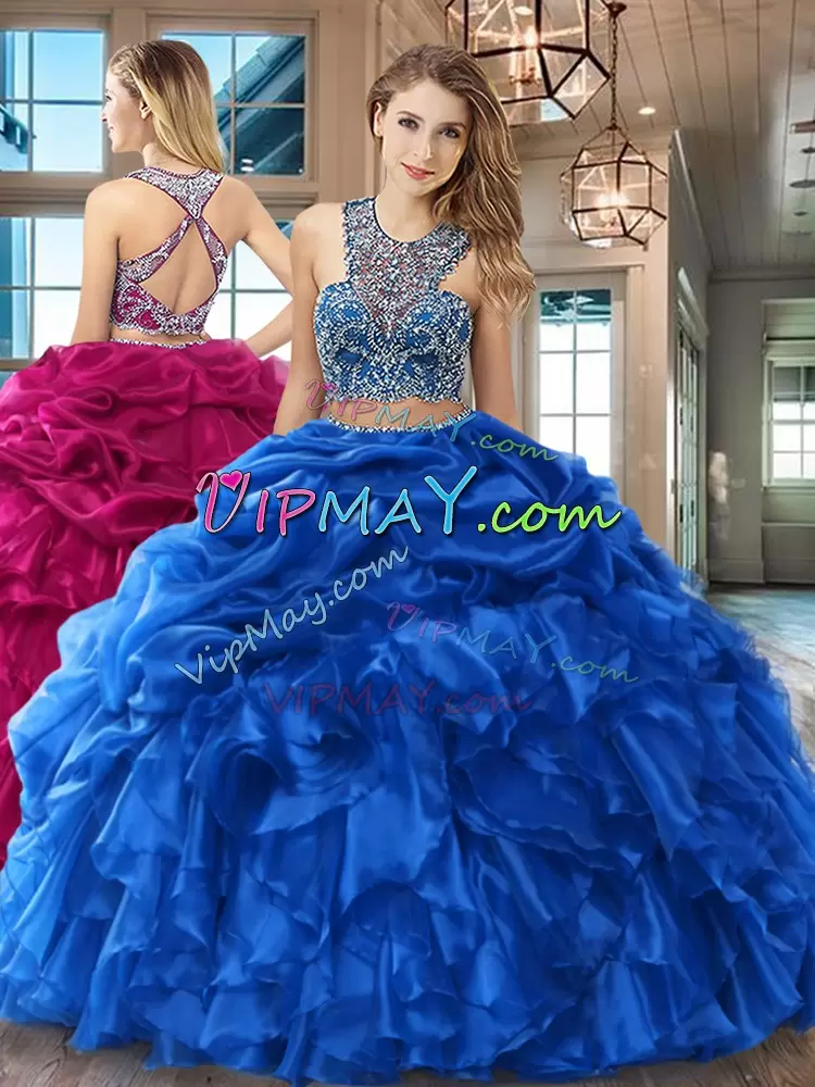 Suitable Royal Blue Criss Cross Scoop Beading and Ruffles and Pick Ups 15 Quinceanera Dress Organza Sleeveless