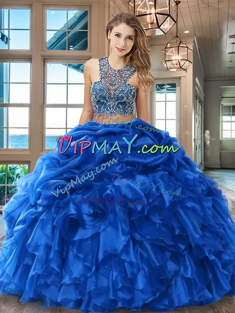 Suitable Royal Blue Criss Cross Scoop Beading and Ruffles and Pick Ups 15 Quinceanera Dress Organza Sleeveless