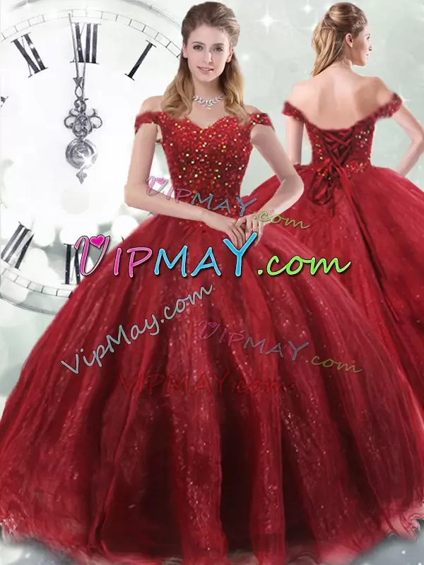 Elegant Wine Red Tulle Lace Up Sweet 16 Quinceanera Dress Sleeveless Brush Train Beading