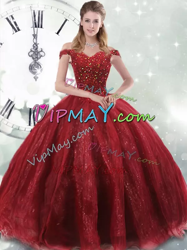 Elegant Wine Red Tulle Lace Up Sweet 16 Quinceanera Dress Sleeveless Brush Train Beading