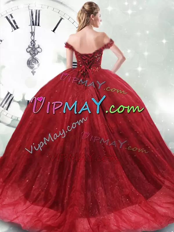 Elegant Wine Red Tulle Lace Up Sweet 16 Quinceanera Dress Sleeveless Brush Train Beading