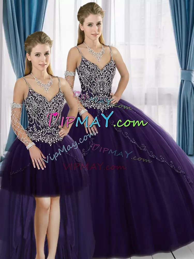 Glittering Purple Spaghetti Straps Lace Up Beading Vestidos de Quinceanera Sleeveless